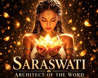 May include: A digital illustration featuring a figure holding a glowing lotus flower. Text reads: TEMPLE OF THE ASCENDED, SARASWATI, ARCHITECT OF THE WORD, SAME DAY. The scene is filled with golden light particles and warm, radiant tones.