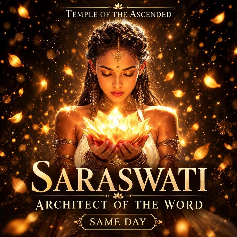 May include: A digital illustration featuring a figure holding a glowing lotus flower. Text reads: TEMPLE OF THE ASCENDED, SARASWATI, ARCHITECT OF THE WORD, SAME DAY. The scene is filled with golden light particles and warm, radiant tones.