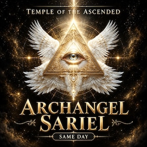 May include: A graphic design featuring a central golden triangle with an eye, flanked by white feathered wings. The text reads TEMPLE OF THE ASCENDED, ARCHANGEL SARIEL, and SAME DAY. The background is a dark, starry space with golden light rays.