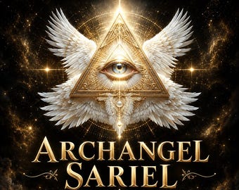 May include: A graphic design featuring a central golden triangle with an eye, flanked by white feathered wings. The text reads TEMPLE OF THE ASCENDED, ARCHANGEL SARIEL, and SAME DAY. The background is a dark, starry space with golden light rays.