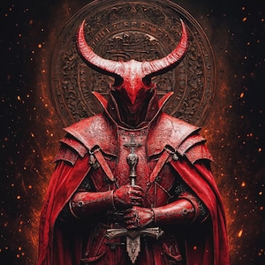 Puede incluir: Una figura con armadura roja ornamentada con grandes cuernos curvos en el casco y una capa roja a juego. La figura sostiene una espada con ambas manos frente al pecho, sobre un fondo oscuro con brasas brillantes y un emblema circular.