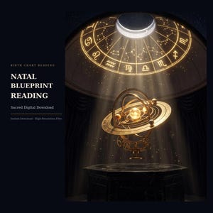 以下が含まれることがあります： Birth Chart Reading、Natal Blueprint Reading、Sacred Digital Downloadのテキストが記されたデジタル画像。輝く黄道帯のドームの下、暗い大理石の台座の上に浮かぶ金色の天球儀。