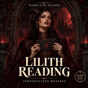May include: A dark-haired figure with horns wears a deep red velvet garment and holds a black envelope with a red wax seal. The text reads Temple of the Ascended, LILITH READING, PERSONALIZED MESSAGE, and SAME DAY in a gothic setting.