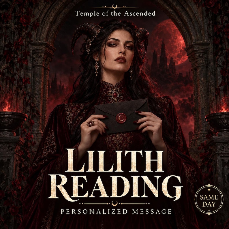 May include: A dark-haired figure with horns wears a deep red velvet garment and holds a black envelope with a red wax seal. The text reads Temple of the Ascended, LILITH READING, PERSONALIZED MESSAGE, and SAME DAY in a gothic setting.