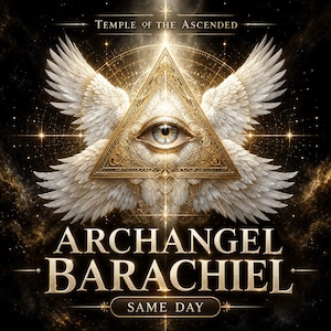 May include: A digital graphic featuring a central golden triangle containing an eye, flanked by large white feathered wings. The text reads TEMPLE OF THE ASCENDED, ARCHANGEL BARACHIEL, and SAME DAY against a dark, starry, and cosmic background.