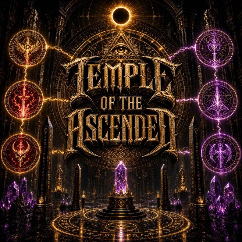 May include: A dark temple scene featuring the text TEMPLE OF THE ASCENDED in gold lettering. A central purple crystal sits on a pedestal, flanked by obelisks and glowing circular sigils in orange and purple, all beneath a solar eclipse.