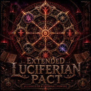 Könnte beinhalten: Eine dunkle, komplexe Grafik mit einem zentralen goldenen Rad und acht kreisförmigen Siegeln in Rot, Lila und Blau. Der Text lautet EXTENDED LUCIFERIAN PACT und ALLIANCE OF 8 INFERNAL POWERS. Der Hintergrund ist schwarz mit Ketten und glühender Glut.