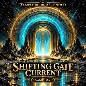 Op de afbeelding: Een digitale illustratie met een gloeiende blauwe en gouden boogpoort met het label Temple of the Ascended. Daaronder staat de tekst Shifting Gate Current en Same Day. De scène bevat donkere grillige rotsformaties en een reflecterend oppervlak.