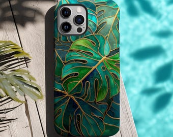 Monstera Leaf Stained Glass Phone Case Print Tropical Green Gold Trendy Protective Art Cover for iPhone Pro Max Samsung Galaxy Google Pixel
