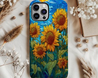ひまわりステンドグラスプリントのスマホケース、おしゃれな花柄、彼女へのプレゼント、iPhone Pro Max、Samsung Galaxy、Google Pixel対応の保護カバー