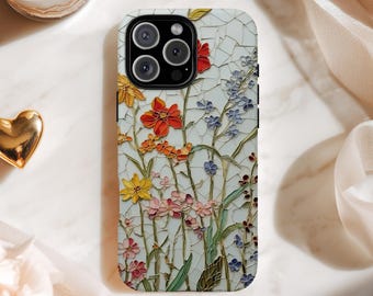 Wildflower Mosaic Floral Phone Case Aesthetic Cute Gift for Women Girls Slim Protective Cover for iPhone Pro Max Samsung Galaxy Google Pixel