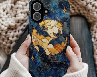 Celestial Bat Moon Phone Case Mosaic Print Aesthetic Cute Boho Protective Halloween Cover for iPhone Pro Max Samsung Galaxy Google Pixel