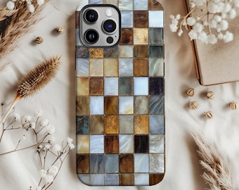 Mosaic Tile Phone Case Aesthetic Boho Brown Pearl Protective Art Gift for Her Pattern Cover for iPhone Pro Max Samsung Galaxy Google Pixel