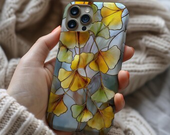 Ginkgoblad målat glas telefonskal tryck trendigt botaniskt skyddande söt gåva flickor fodral för iPhone Pro Max Samsung Galaxy Google Pixel