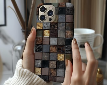 Black Mosaic Print Phone Case Tile Style Elegant Square Abstract Design Pattern Colorful Art Cover for iPhone Samsung Galaxy Google Pixel