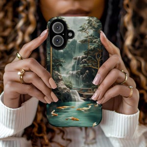 Coque de portable montagne cascade vert jade, japon, paysage koi, art de l&#39;Asie de l&#39;est, abstrait marbre, coque pour iPhone Samsung Galaxy Google Pixel