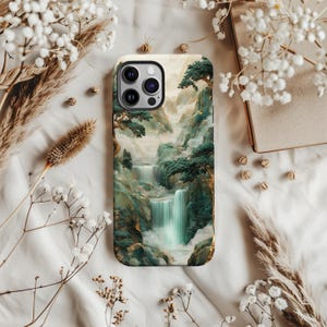 Coque de portable montagne cascade, vert jade, paysage chinois, art de l&#39;Asie de l&#39;est, abstrait marbre, coque pour iPhone Samsung Galaxy Google Pixel