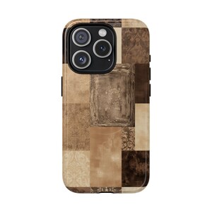May include: A smartphone case featuring a patchwork design of various brown and beige textures. The pattern includes rectangular sections with damask motifs, weathered wood grain, and a central rectangular frame containing a faint floral illustration.