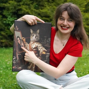 Ritratto personalizzato di un animale domestico reale da foto - Gatto che dipinge il suo padrone - Divertente ritratto personalizzato in stile rinascimentale su tela, poster o foto incorniciata