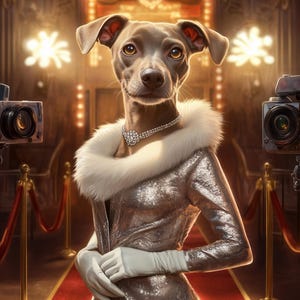 Ritratto personalizzato di un animale domestico - Ragazza affascinante, cane o gatto sul tappeto rosso - Pet Art in stile celebrità - Tela, poster o ritratto digitale