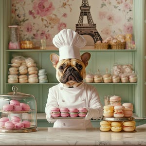 Ritratto personalizzato di un animale domestico - Cane chef francese con pasticcini - Divertente arte per animali da forno di Parigi - Tela, poster o ritratto digitale