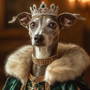 Ritratto personalizzato di un animale domestico - Animale domestico reale in abito verde e corona, Elegante ragazza con cane o gatto - Poster, tela o ritratto digitale