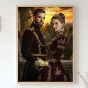 Custom Portrait for Couple - Victorian Royal Painting from Photo, Romantic Balcony Scene at Sunset, Unique Personalized Anniversary Gift