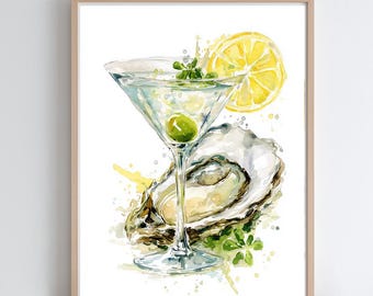 Martini & Oysters Digital Print, Watercolor Martini with Lemon and Olives Wall Art Print, Cocktail Poster Wall Art, Instant Digital Download
