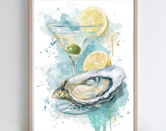 Martini & Oysters Digital Print - Watercolor Martini Wall Art Print - Cocktail Poster Wall Art, Instant Digital Download