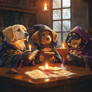 Ritratto di animale domestico personalizzato - Tre cani che leggono a lume di candela - Dark Academia Pet Art - Animali domestici incappucciati e maghi in abiti - Tela, poster o digitale