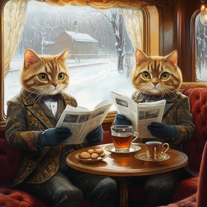 Ritratto di gatto personalizzato - Due gatti sul treno che leggono il giornale - Divertente arte rinascimentale di animali domestici - File digitale, tela, poster o foto incorniciata