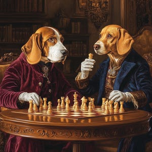 Ritratto personalizzato di un animale domestico - Due cani che giocano a scacchi - Divertente ritratto di un animale domestico in stile rinascimentale reale da una foto - Tela, poster o regalo digitale per animali domestici
