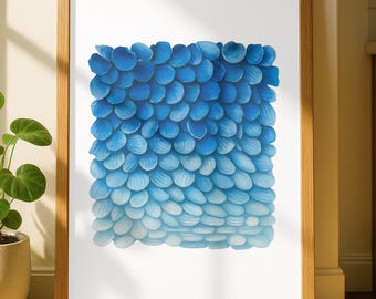 Impresión abstracta de acuarela con conchas azules ombré, arte mural costero