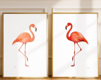 Flamingo Watercolor Print Set of 2: Coastal Tropical Wall Art, Giclée Quality