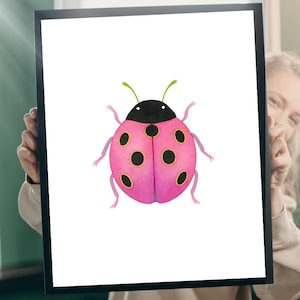 Pink Beetle Watercolor Print, Whimsical Nursery Wall Art