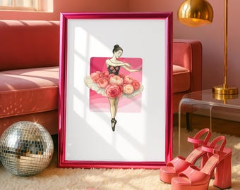 Ballerina Watercolor Print, Floral Tutu Nursery or Girl Room Wall Art