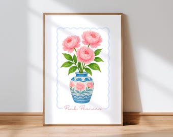 Impresión de acuarela de peonías rosas en jarrón chinoiserie azul, arte mural botánico