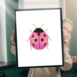 Pink Beetle Watercolor Print, Whimsical Nursery Wall Art