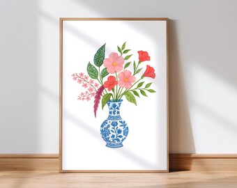 Estampado de acuarela floral rosa, jarrón azul chinoiserie botánico