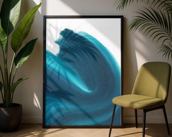 Stampa ad acquerello con pennellate astratte di onde oceaniche color verde acqua, arte murale costiera