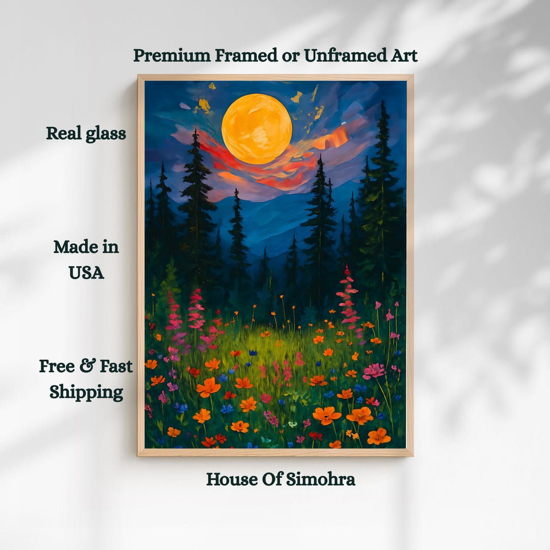 Moonlit Wildflower Meadow Wall Art — Full Moon Over Pine Forest Giclée ...