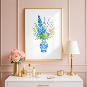 Blue Vase Floral Watercolor Print, Chinoiserie Botanical Wall Art
