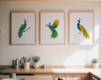 Watercolor Peacock Print Set of 3  Luxe Boho  Modern Glam Exotic Bird Wall Art