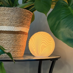 May include: A spherical, cream-colored lamp with a wood grain pattern sits on a glass-topped table. The lamp is illuminated, casting a warm glow. A woven basket and large green leaves are in the background.