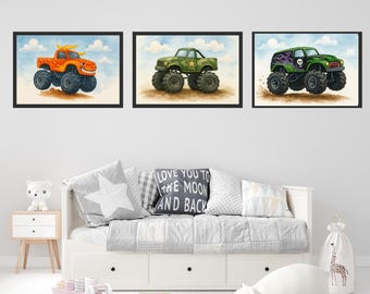 Watercolor Monster Truck Wall Art Set of 3 - Boys Room Decor - Digital Download - Car Nursery Print - Playroom Poster - Instant Printable