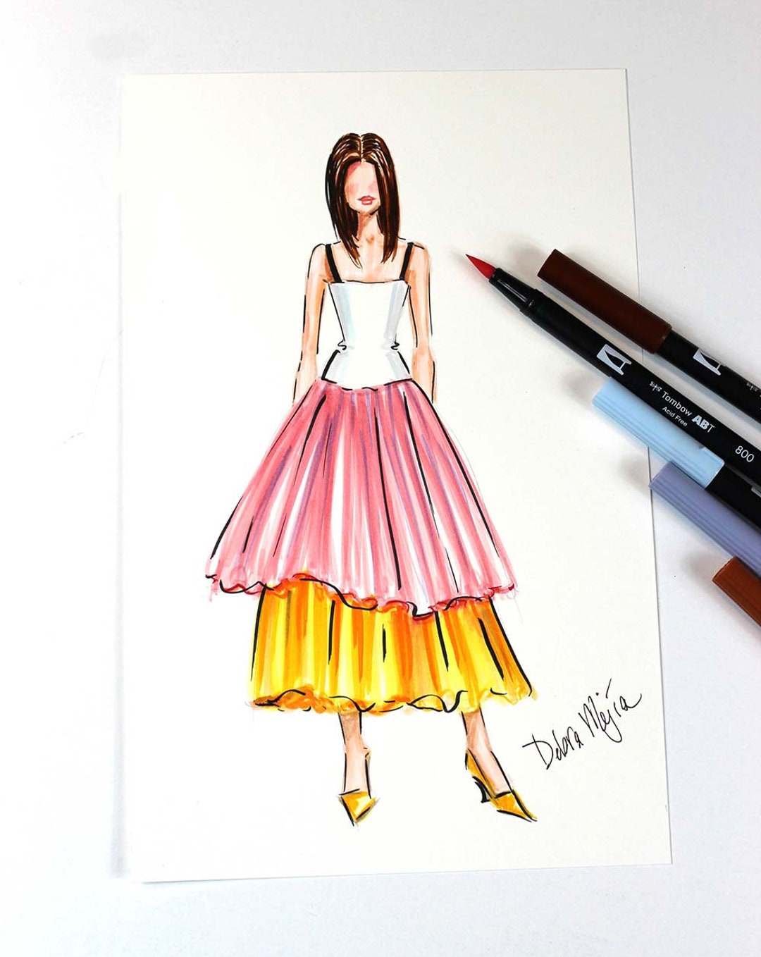 Pink and Yellow Tulle Dress Fashion Sketch Fashion Wall At - Etsy