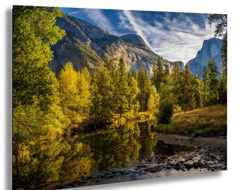 Foto di Yosemite Half Dome • Parete artistica con riflessi sul fiume • Stampa di paesaggi montani della California • Fotografia naturalistica autunnale