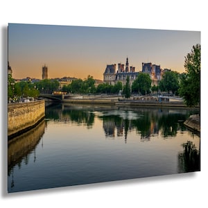 Paris Sunrise Photo • Hôtel de Ville Reflection at Dawn • Seine River Architecture Print • Golden Morning Wall Art France Travel Decor
