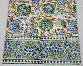 Sage Green Floral Block Print Cotton Tablecloth, Boho Jaipur Table Cover