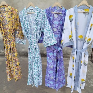 100% Pure Cotton Kimono Robes For Women Indian Dressing Gown Summer Nightwear Kimonos Best Gift For Her 50&quot; Longer and 36&quot; Longer available